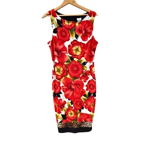 Cache Women's Size 8 Red Floral Sheath Dress with Leopard Trim Vintage - Picture 1 of 9